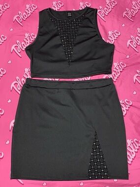 NWOT Mesh See Through Evening Club Party New Years Sparkle 2pc Skirt Top Set